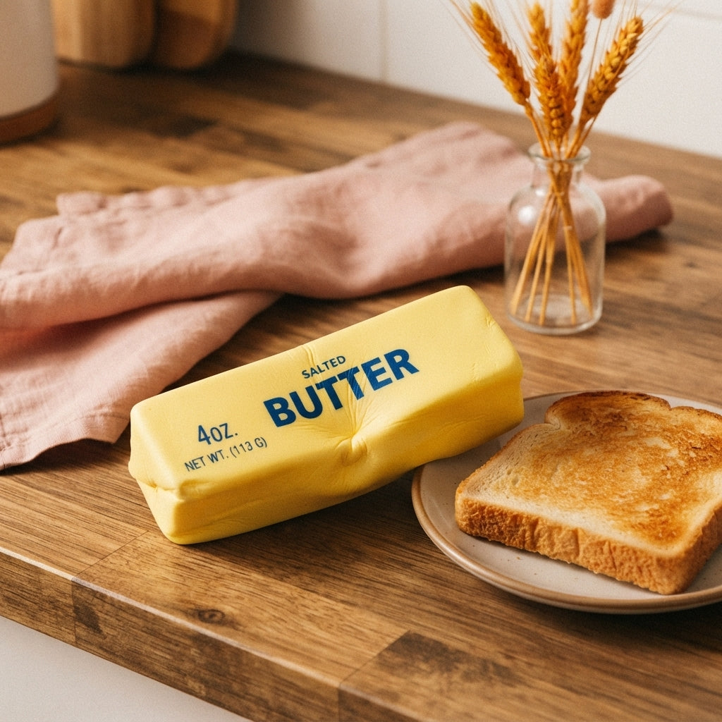 A realistic butter stick squishy toy sitting on a kitchen counter next to a piece of toast.