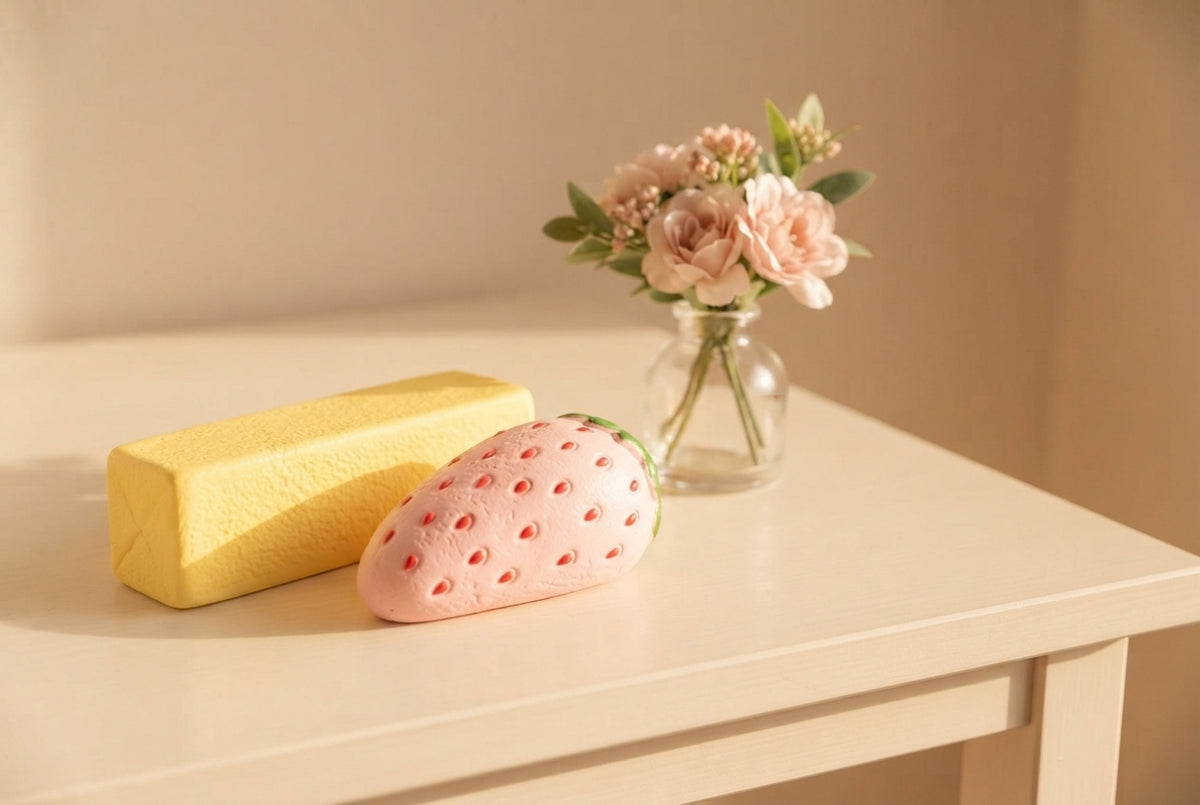 Two squishy butter stick toys, one yellow and one pink, resting on a cream-colored table next to a small vase of flowers.
